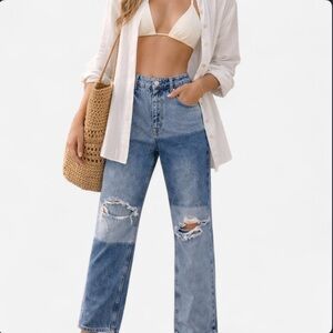 Free People Patchwork Jeans Distressed Straight Leg High Rise Size 28